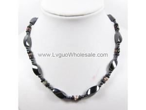 Mens Magnetic Hematite 8x12mm Twist Beads withPurple Cloisonne Strands Necklace